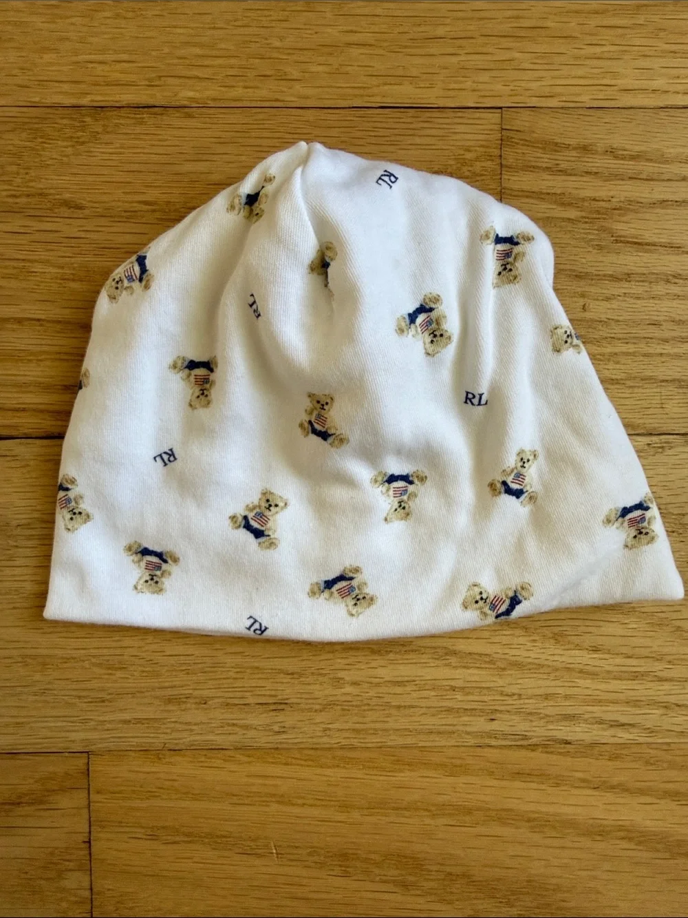 Ralph Lauren Cream Baby Footed Pajamas and Hat Set with American Bear Print